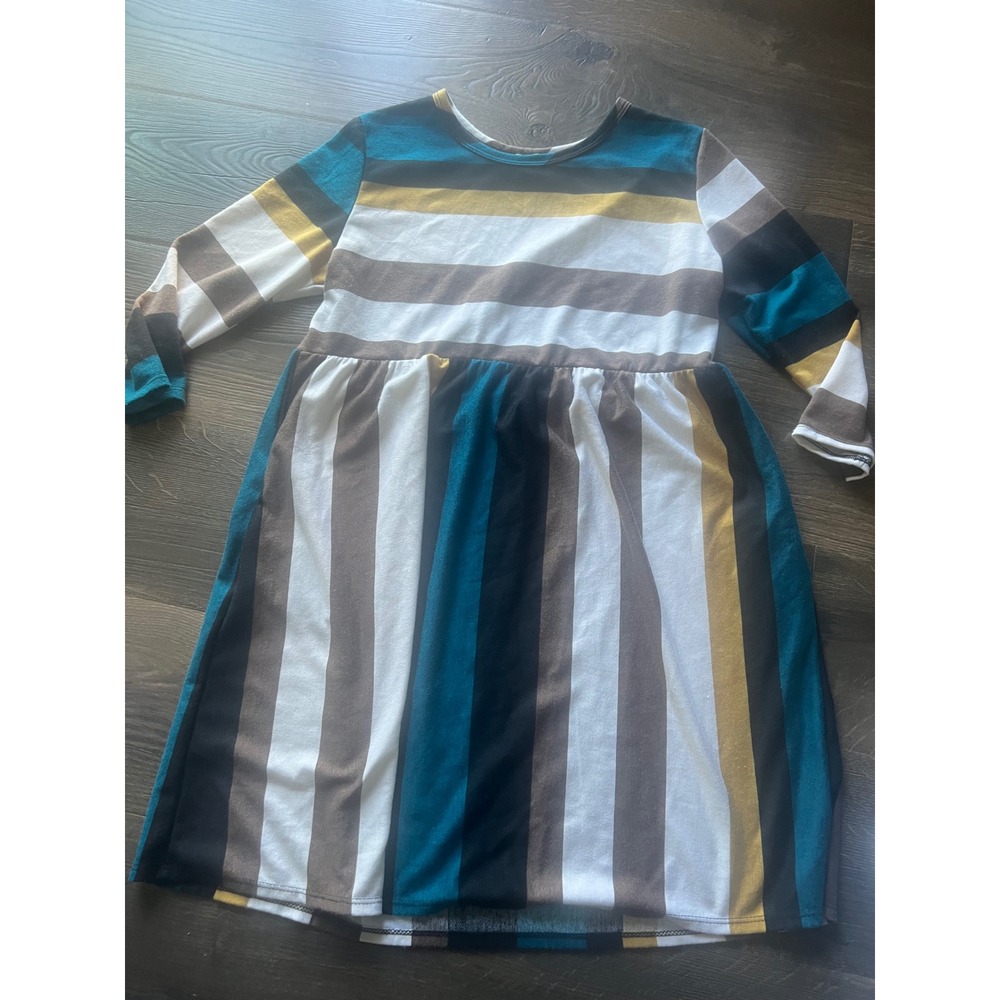 Egy Womens XL Long Sleeve Striped Mini Babydoll Dress Teal‎ Yellow Brown EKD1192